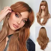 Ginger Wig with Bangs - Auburn Wigs for Women, Copper Red Long Straight Layered Hair, Light Honey Blonde Dark Roots, Natural Synthetic Heat Resistant Wigs for Thanksgiving/Christmas/Party