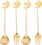 SHOWERORO 4pcs Stainless Steel Dessert Forks Tea Spoons Set Unique Retro Tableware for Home