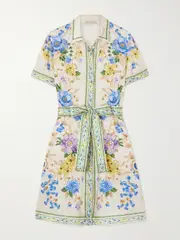 [Mary Katrantzou] Mary Katrantzou - Chima Belted Floral-print Twill Mini Shirt Dress - Cream - UK 12 UK 12 Cream
