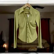 CRESCENT Women’s Green Button Front Split Sleeve Blouse Top Size S NEW