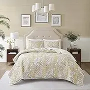 Comfort Spaces Reversible Quilt Set-Double Sided Vermicelli Stitching Design All Season, Lightweight, Coverlet Bedspread Bedding, Matching Shams, King(104"x90"), Wheat 3 Piece