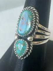 2 stone Natural Morenci Turquoise Sterling Silver Sz9 Byrd Navajo Avin Joe R0250