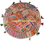 Sophia Art Round Floor Pillow Cushion Patchwork Pouf Ottoman Vintage Indian Foot Stool Bean Bag Floor Pillow Cover Home Decor Living Room Ottoman Bohemain Pillows (White Rajkoti, 32 Inch)