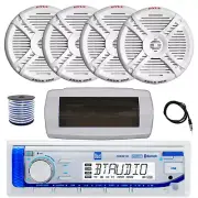 Dual Bluetooth Marine Radio, Cover, Antenna,Wire, 4x 7.7" 280 Watt White Speaker