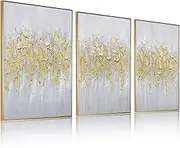 Framed Gold Abstract Wall Art - Glam Gold Hand-Painting Canvas Art for Living Room Bedroom Decor Glitter Abstract Artwork for Modern, Contemporary Decor, 24" x 36" x 3 Panel