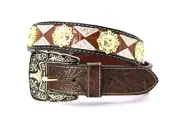 Western Belt Cowboy Gold Silver Brown Longhorn Concho Belt Pant 30 Cinto Vaquero