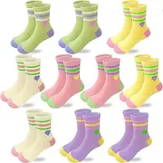 [Bemeol] Girls Crew Socks 10 Pairs Girl Casual Athletic Cotton Lightweight Stretch Crew Socks for Kids 4-6 6-8 8-10 Years Old(9-12 Years), Multicolor #2, 9-12 Years