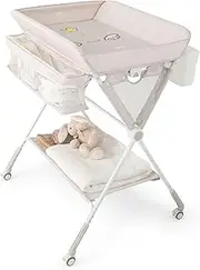 BABY JOY Foldable Baby Changing Table, Portable Infant Diaper Changing Station w/Trash Can, Storage Basket & Shelf, Nursery Organizer for Newborn w/ 3 Adjustable Heights & 4 Lockable Wheels (Beige)