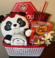 Women’s Red Gift Basket With Sparkly Tumbler, Stuffed Panda, Dove Body Scrub