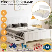 Wooden Bed Frame Queen Double King Single Size Trundle Storage Drawers White NEW