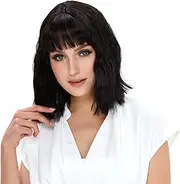 STfantasy Bob Wigs Wavy for Women Short Hair with Bangs Shoulder Length Synthetic Hair for Lady Costume Cosplay Daily (Black)