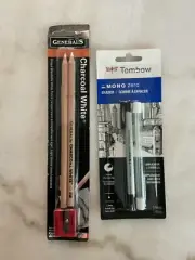 Set Of General Charcoal White Pencils And Sharpener And Tombow Mono Zero Eraser