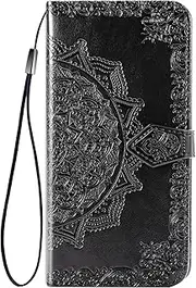 Flip Floral Wallet Case Compatible with iPhone 11 PRO MAX 6.5 inch Case,3D Embossing Datura Mandala Flower,with Wrist Strap and [3-Slots] ID&Credit Cards Pocket Kickstand Holder PU Leather-Black