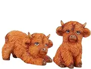 Highland Cow Figurine, Highland Cow Ornament Set of 2, Desktop Highland Cow Ornament Resin Animal Statue Decor Shelf Table Tray Living Room Bedroom Home Farm House Decor Figurine