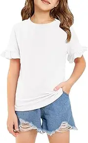 [Haloumoning] Haloumoing Girls Ruffle Short Sleeve T Shirts Crewneck Plain Casual Summer Tops Blouse Tees 5-14 Years