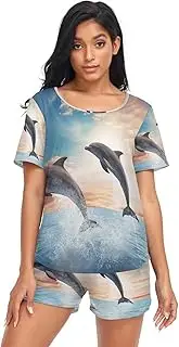 [RPLIFE] Dolphins Jumping Cloudy Sky Pajama for Women Set, Women Small Pajama Set, Dolphins Jumping Cloudy Sky, XX-Large