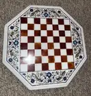15'' White Marble Chess Table Top Multi Gemstones Inlay Game Playing Room Tables