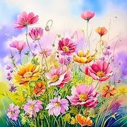 Fabric Panel Watercolor Floral Flowers 100% Cotton 14"x14" Quilting Panel Square AM377