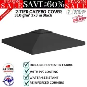 3x3m Gazebo Marquee Pergola Replacement 2 Tier Top Cover Canopy Roof - Black