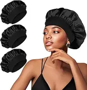 3 Pcs Hair Bonnets for Sleeping, Wide Elastic Band Silk Bonnet Shower Cap for Women Girls Makeup Hair Care Satin Bonnet Elastic Hat Soft Sleep Cap for Night Sleep Curly Hair Protection