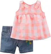 [Carter's] Girl's 2-Piece Neon Checkered Tunic & Embroidered Chambray Short Set