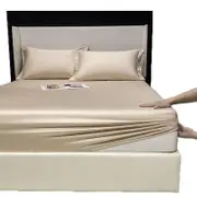 Catzon Soft Luxury Silky Satin Bed Sheets Pillowcase 3 Piece Set Bedding-MilkTea