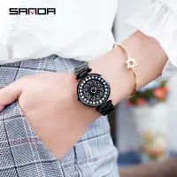 在飛比找蝦皮購物優惠-三達新款女士手錶滿天星360度旋轉手錶韓風鑲鑽時來運轉鋼帶女