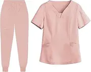 [Dickly] Women Scrubs Suit Set Workwear Machine Washable Soft with Pockets Short Sleeves Nursing Uniform Scrub Top and Jogger Pants