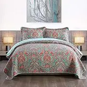NEWLAKE Cotton Bedspread Quilt Sets-Reversible Patchwork Coverlet Set, European Gorgeous Floral Pattern, Queen Size