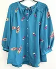 Figueroa & Flower Peasant Top Blouse Shirt Boho Embroidered Floral Dark Teal XL