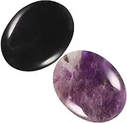 Ciieeo 2pcs Oval Shape Crystal Stone Ornaments for Desk Decorative Figurines for Home and Office Unique Natural Amethyst Obsidian Decor Meditation and Present Ideas