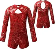 [iEFiEL] Kids Girls Gymnastic Unitard Stage Performance Shiny Sequins Dance Leotard Activewear Bodysuit