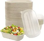 50pack Salad Bowls, 25oz Take Out Food Containers with PP Lid - 100% Compostable Natural Disposable Paper Fiber - Microwavable Safe, Biodegradable Food Storage, Waterproof and Oil Proof