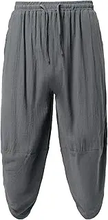 [Generic] Men's Casual Elastic Waist Linen Capri Pants Harem Beach Yoga Trousers Loose Fit Harem 3/4 Pant