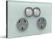 CLSOL Australia Standard Double Power Point, Ocean Blue Glass Panel, SAA Approved GPO, Silver Textured Wall Socket Outlets, Push Button, 10A 250V