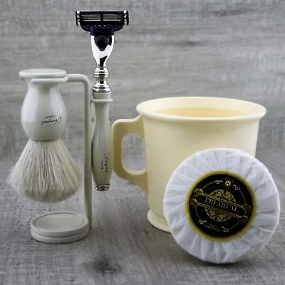 Classic Shaving Set - 3 Edge Razor Pure White Badger Brush Beard & Skin Care Kit