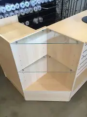 Maple timber and glass corner display unit BRAND NEW. Available Now