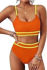 [BMJL] Women's High Waisted Bikini Ribbed Two Piece Swimsuit High Cut Color Block Adjustable Straps Bathing Suit