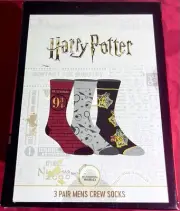 NEW Harry Potter Crew Socks 3 Pack Mens Size 10-13 Hogwarts Express Train Box !!