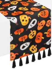 Long Fabric Table Runner, 13"x72", HALLOWEEN,JACK-O-LANTERN PUMPKINS ON BLACK,CI