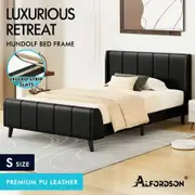 ALFORDSON Bed Frame Single Size Tufted Headboard Base Black Leather HUNDOLF