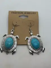 NEW Tribal Turquoise Turtle Tortoise Cab Tibetan Silver Dangle Earrings