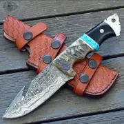 9" Damascus Bolster Twisted Steel Knife With Animal Horn Handle Full Tang