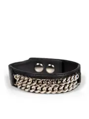 Black Leather Silver Chain Bracelet