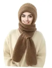 Integrated Ear Protection Windproof Cap Scarf Elastic Knitting Thick Brown