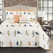 Lush Decor Rowley Birds Quilt Set, 7 Piece Set, King, Multi - Reversible Bird Bedding Set with Pillow Cases & Throw Pillows - Colorful, Whimsical, & Playful Floral Bird Print