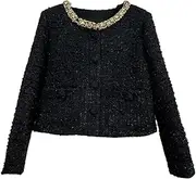 [Generic] Women's Beading Pearl Tweed Elegant Jackets Woolen Ladies All-Match Suit Coat