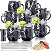 Moscow Mule Mugs- Set of 6 Black Plated 18oz Stainless Steel Mug Double Jigger Chilled Drink Cocktail Mug (Round 8pcs)