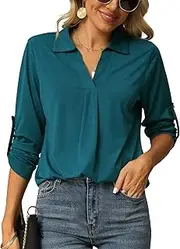 Odosalii Womens Casual V Neck Tunic Blouses Rolled Up Sleeve Basic Top Plain Shirts