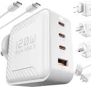 120W USB C GaN Charger - 100W USB-C PD Charger, 65W Wall Charging Block, 3USB-C&1USB-A Laptop Charger with 100W USBC Cable&Travel Plugs Compatible with MacBook, HP, Dell, iPhone 16,Galaxy S24,Pixel 9